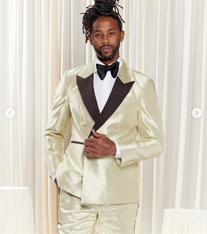 Ivory Satin Men Suit Set 2 Pcs Blazer+Pants Trousers Male Groom Wedding Tuxedo Formal Office Business Jacket Coat Customized