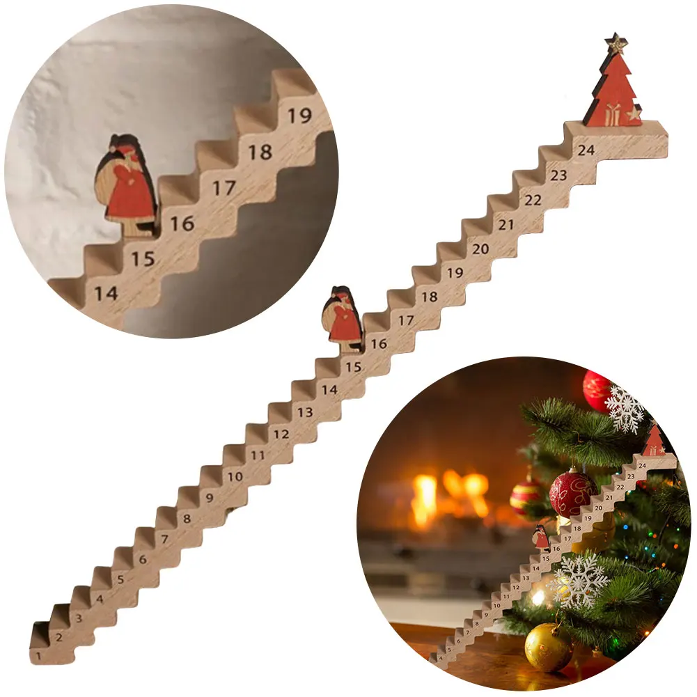 Christmas Advent Calendar 2024 Wooden Ornament Santa Claus Climbing Stairs Calendar 24 Days Xmas Countdown Calendar Home Decor