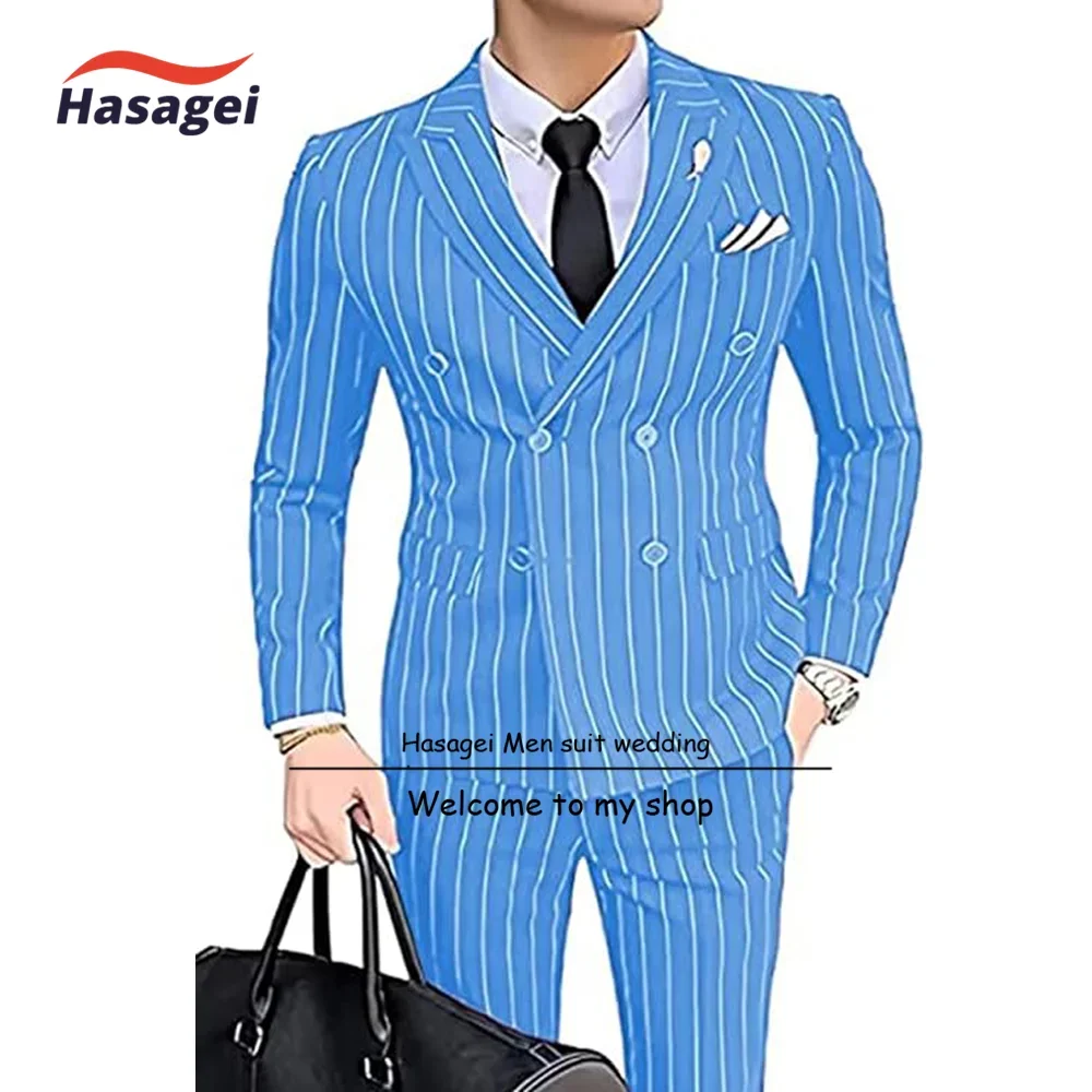 Men's 2 Piece Slim Fit Pinstripe Suit Set Formal Business Blazer Jacket Pants Wedding Dress Tuxedo