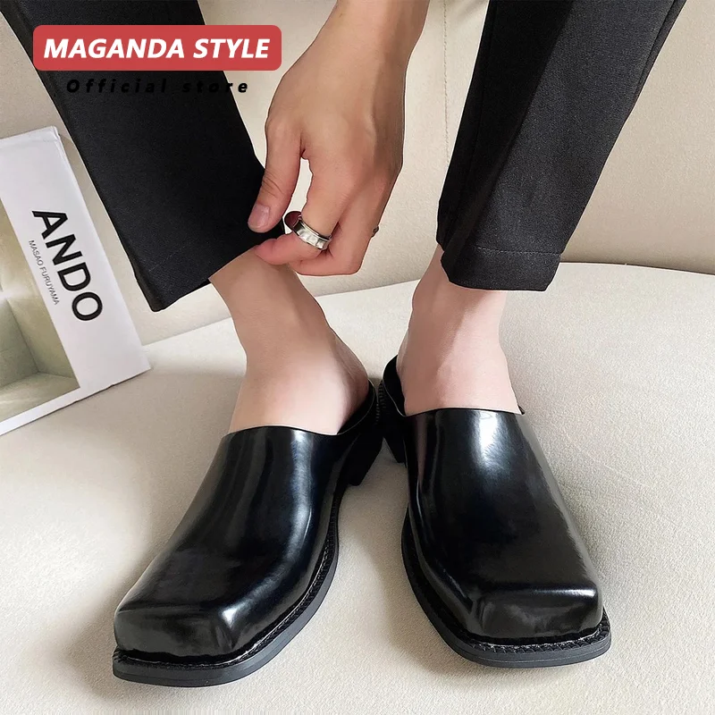 

Original design leather slippers for men's summer outdoor wear flat bottomed breathable casual straight drag black Muller shoes