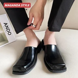 Original design leather slippers for men's summer outdoor wear flat bottomed breathable casual straight drag black Muller shoes