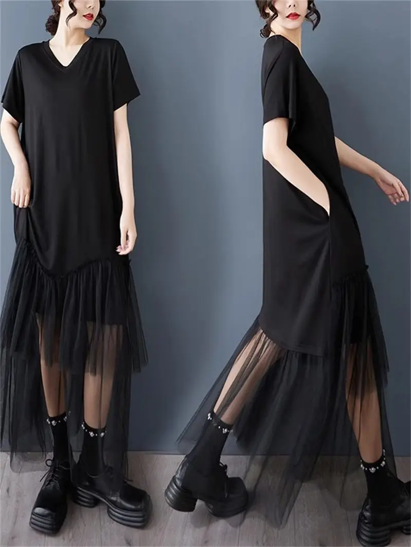 2025 ฤดูร้อนผู้หญิง PLUS ขนาดภาพลวงตา Two-Tone Dress-ตาข่ายใส่เสื้อยืดสีดํา Maxi ชุดลําลอง G274