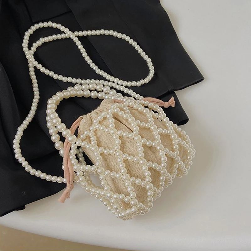 Lady Basket Handbag Summer Pearl Hollow Beaded Bag Bohemia Beach Travel Pearl Bag Holiday Woven Bag Small Square Bag