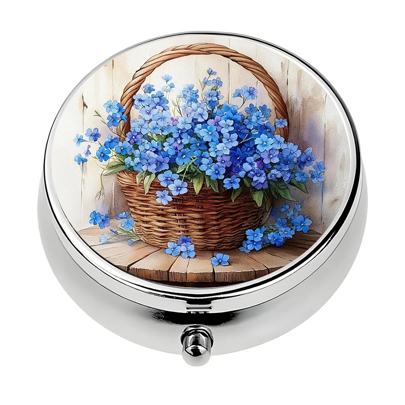 A three-compartment pill organizer, a spring floral-themed portable travel pill and vitamin storage box, a compact medicine organizer, a unique gift for organizing vitamins and medicines