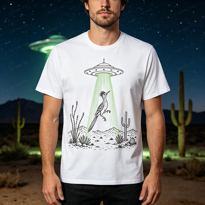 Roadrunner und UFO-Alien-Entführung Wüstenwissenschaft Humor T-Shirt Y2k Lustiges Südwest-Wüsten-Vogel-Kunst-Grafik-Kleidungsstück Neuartiges T-Shirt – Detail 4