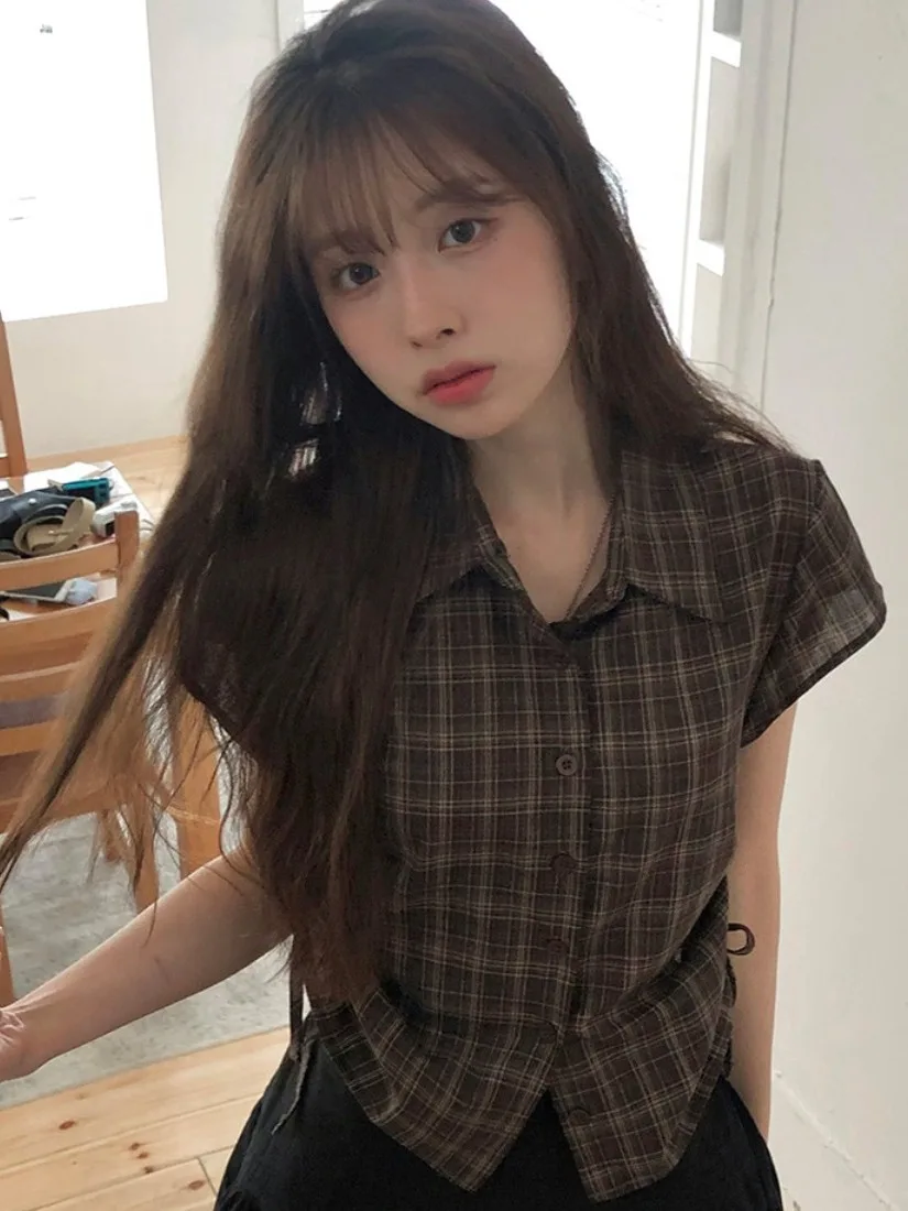 

Chic Summer New Retro Plaid Side Drawstring Design Turn-down Collar Single Button Short Sleeve Women's Shirt Korean Style Cotton