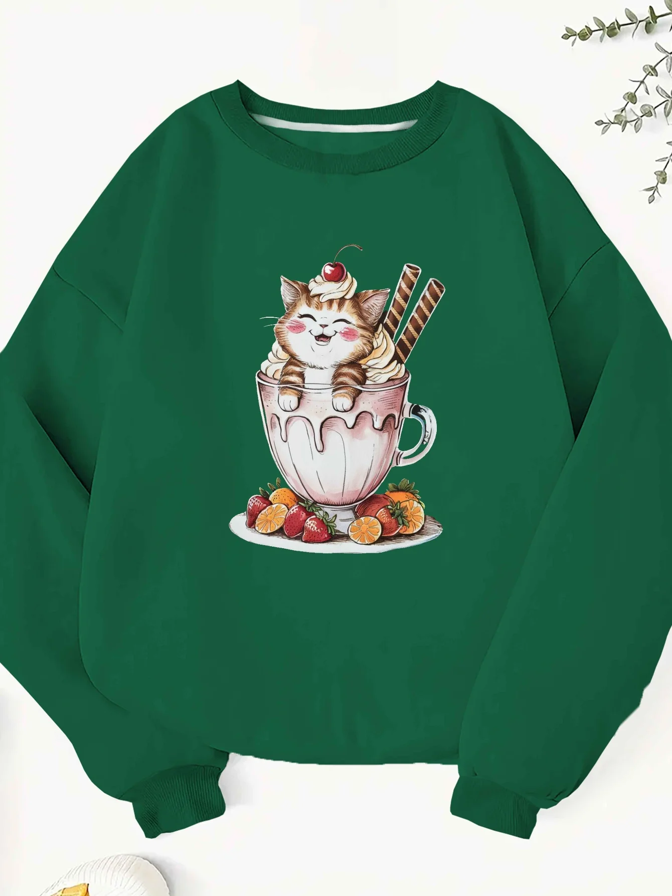

Women's Plus Size Green Cat & Strawberry Tea Party Sweatshirt - Cozy Casual Pullover with Ginger Tabby Cat & Cupcake Design