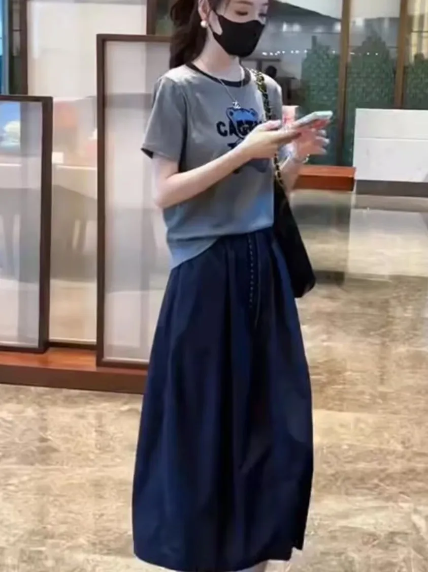 Fashionable Casual plus Size Set Summer New Short Sleeve T-Shirt Half Skirt Two-Piece Set Korean Style High Waist A-Line Skirt
