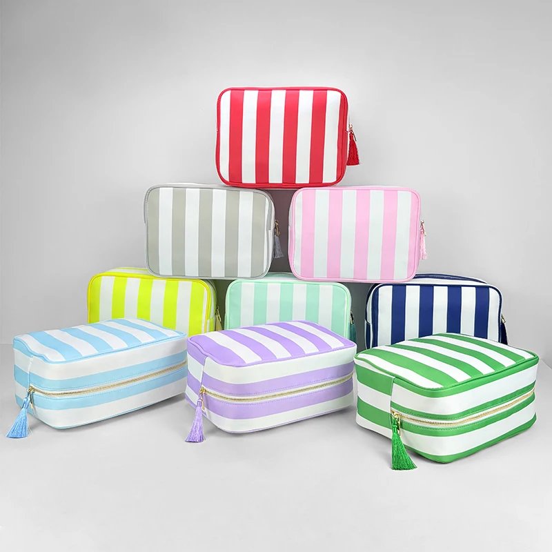 

Nylon waterproof colored striped makeup bag, fashionable fringed ladies' storage bag, travel toiletry bag, large-sized storage