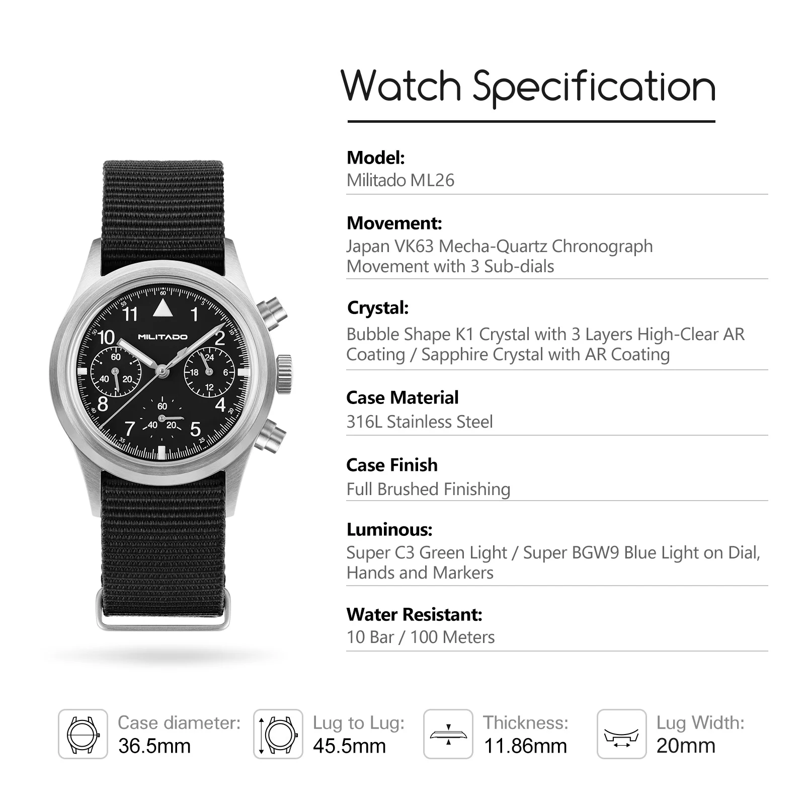 Militado ML26 Chronograph Watch VK63 Quartz 36.5mm 100M Waterproof Screw Down Crown Luminous Military Sports Watch for Men