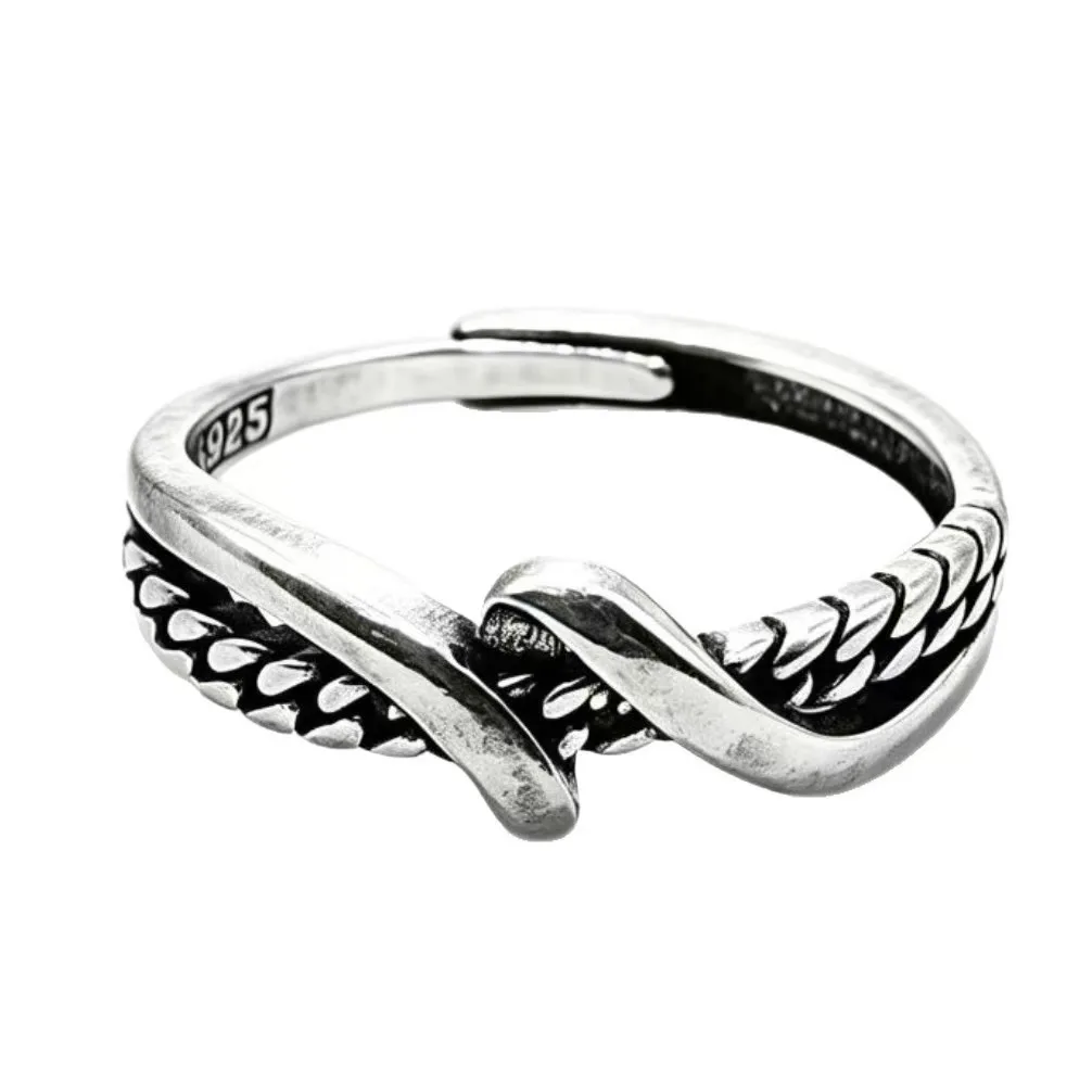 925 Chiba Light of Faith Open Ring Vintage Distressed Woven Band Unisex Niche Accessory