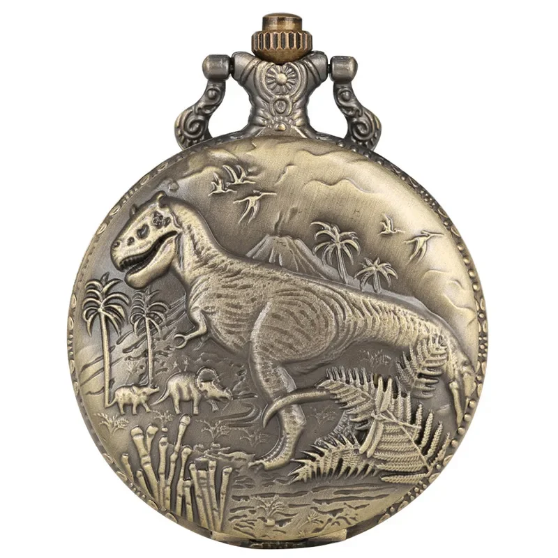 Antique Dinosaur Forest Pattern Full Hunter Case Arabic Number Quartz Movement Clock for Men Women Necklace Chain Timepiece Gift