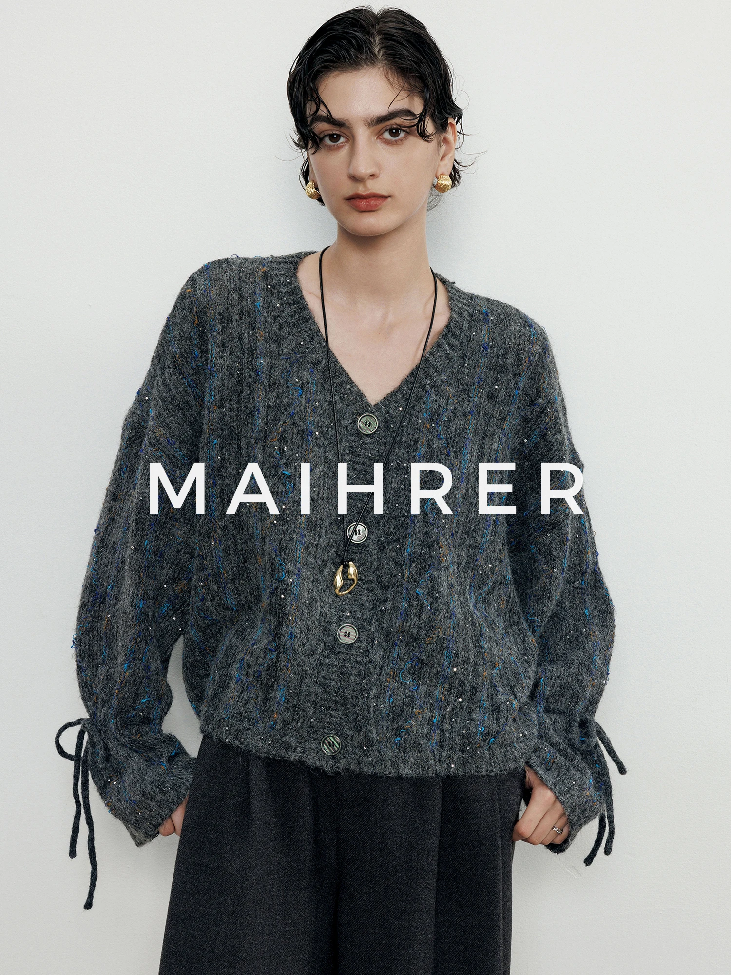 

Loose Knitted Cardigan Sweater Women's Autumn Winter New Sle Lazy Small ence V-ne Long Sve Polyester Wool Blend