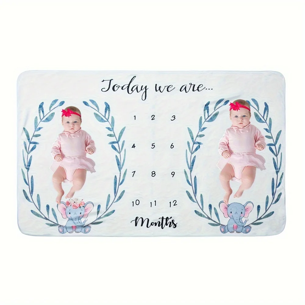 VIKAMA Manta para fotos de bebé gemelo con estampado de elefante de dibujos animados, telón de fondo fotográfico conmemorativo de luna llena para recién nacido, marco del calendario de crecimiento