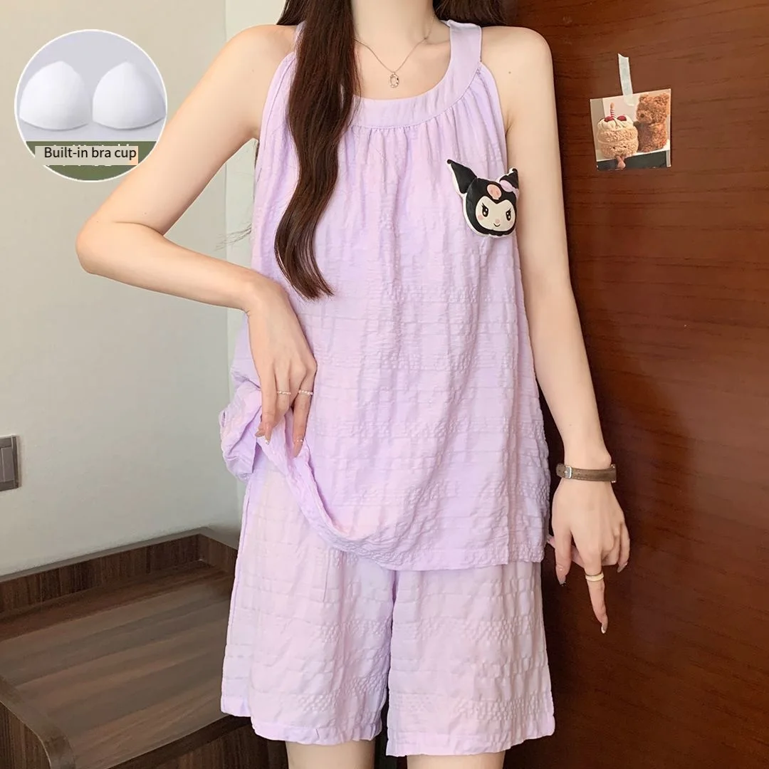 Pijama Sanrio Kuromi para Mujer, Conjunto de 2 Piezas con Top de Tirantes y Pantalones Cortos, Ropa de Dormir de Verano, Pijama Kawaii de Dibujos Animados, Ropa de Casa
