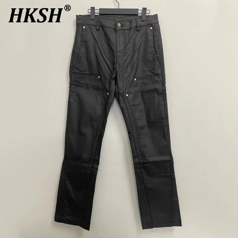 HKSH Spring Autumn New Men's Tide Dark Leather Casual Pants High Street Trendy Waxed Zippered Chic Fashion Straight Jeans HK2358