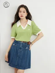 DUSHU American Simple Style Polo Collar T-Shirt for Women Summer Chic Design Loose Casual Contrasting Color All-match Top Female