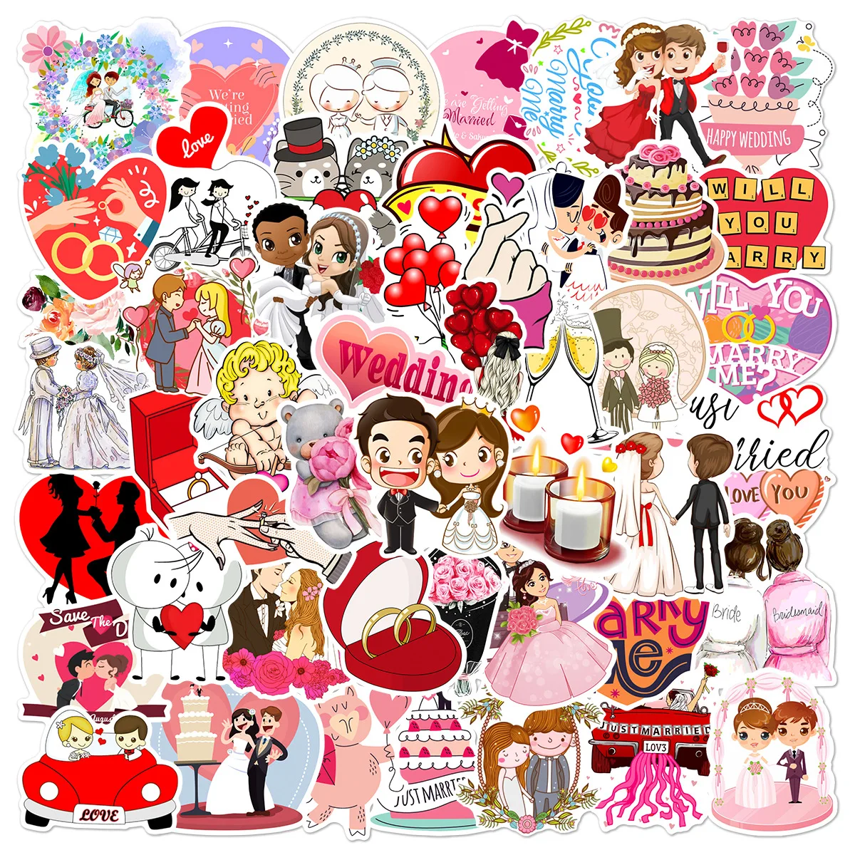 

50Pcs Creative Love Wedding Theme Decorative Cartoon Stickers for DIY PC Wall Notebook Phone Case Scrapbooking Album Sticker