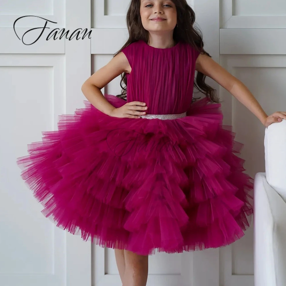 Vestido sin mangas de tul con cuello redondo para niños, Mini vestido con cinturón, vestidos de niña de flores para niños, vestido de fiesta de boda y cumpleaños