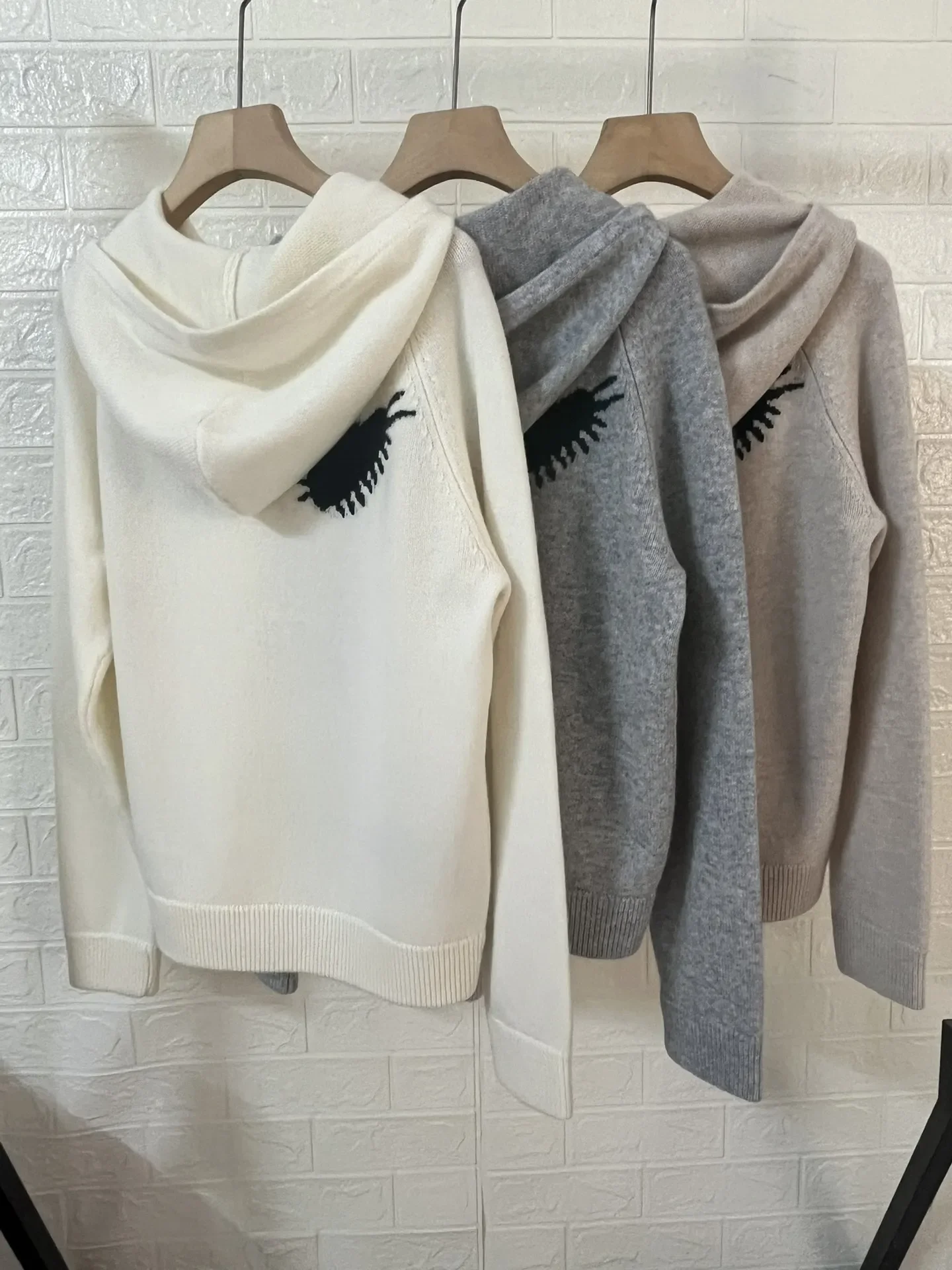 3 Colors Women's 100% Cashmere Hooded Sweater Heart-Shaped Letter Jacquard Long Sleeve Fashion Autumn Ladies Knitted Pullover