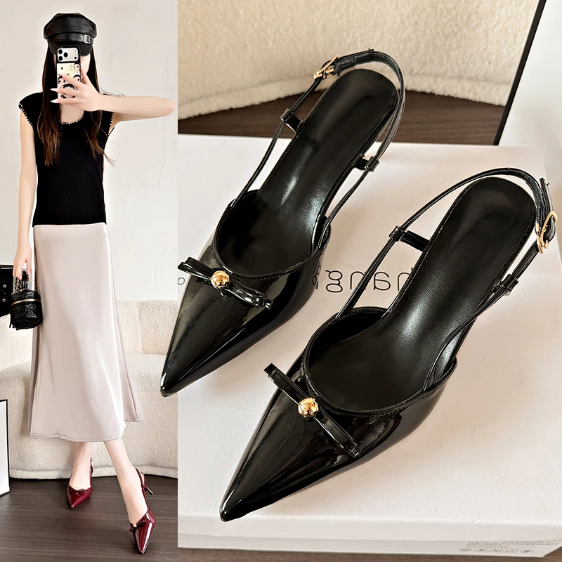 Fashionable Pointed Toe Patent Leather High Heels Summer Large-sized Women's Shoes New Style Elegant Versatile Thin Heel Sandals