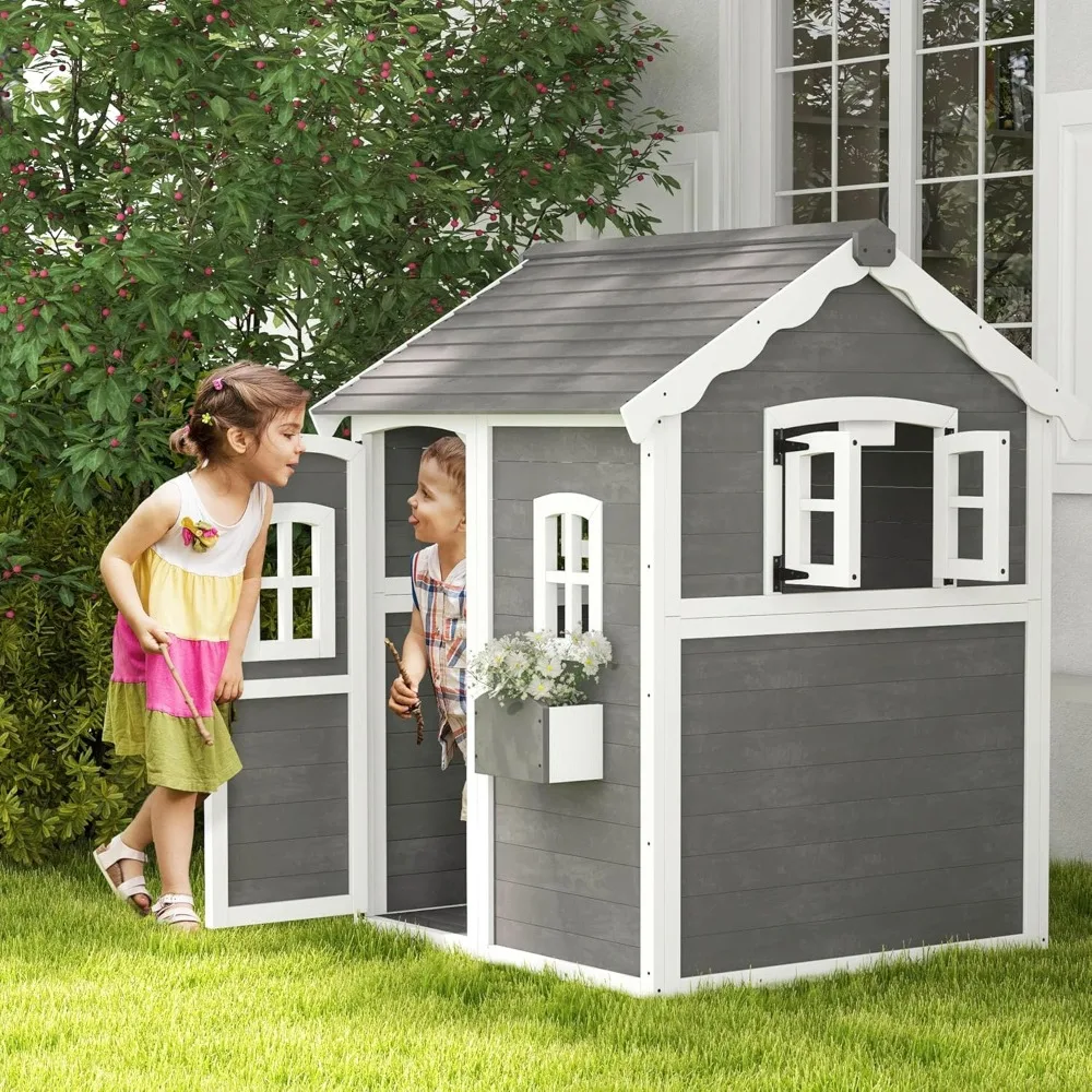 Playhouse for Kids, Outdoor Wooden Playhouse with Floor, Door, Windows & Planter Box for 3-8 Year, Backyard, Lawn, Garden