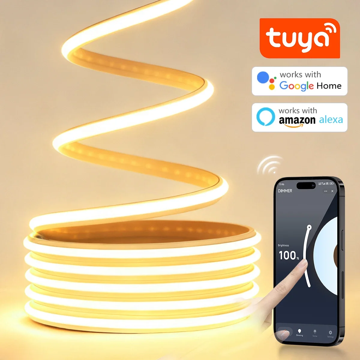 Newly Released TUYA Smart COB Neon LED Strip Light Solid Pure Silicone Tube High Lumen With Alexa Google Home APP Voice Control