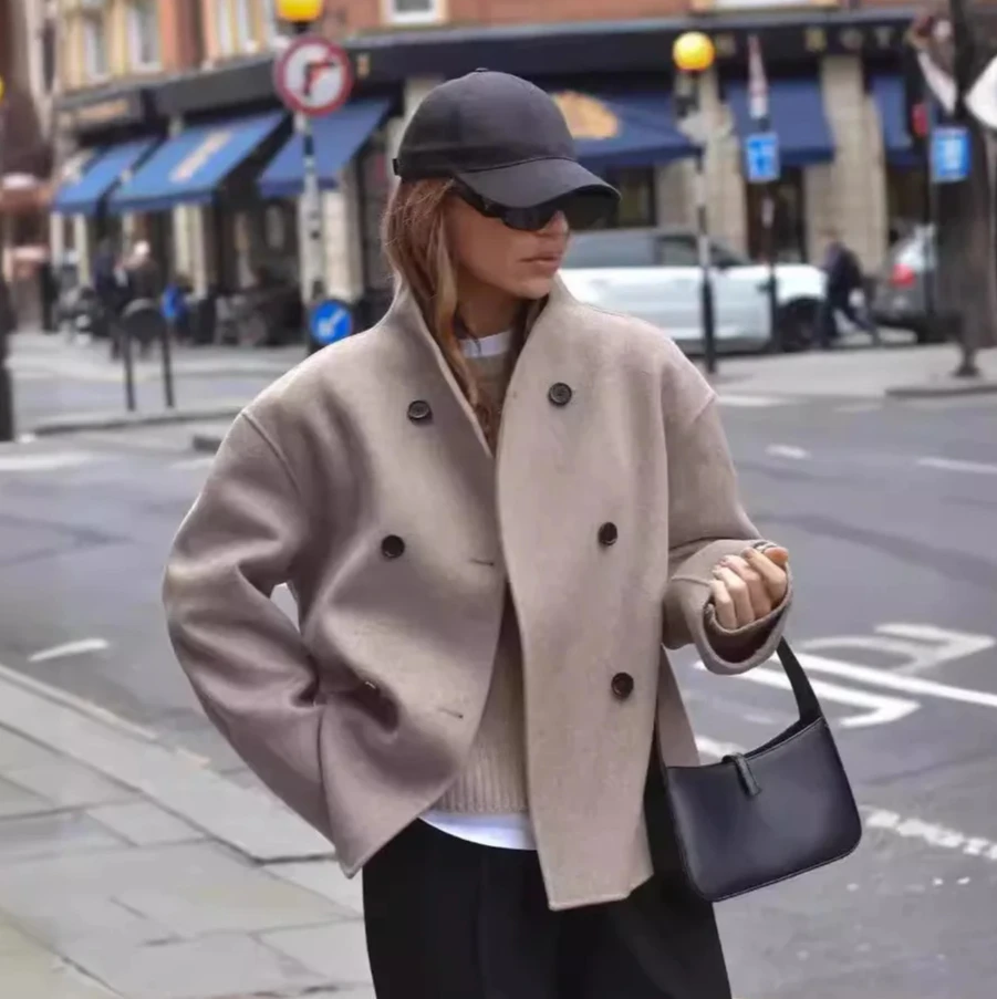 Loisirs mode européenne haut femmes décontracté Style britannique femmes Double boutonnage couleur Pure manteau en laine veste confortable