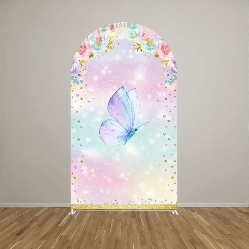 Мехофонд арка фон крышка цветы девушка бабочка поцелуи и пожелания на день рождения вечерние золотой розовый детский душ украшение фон