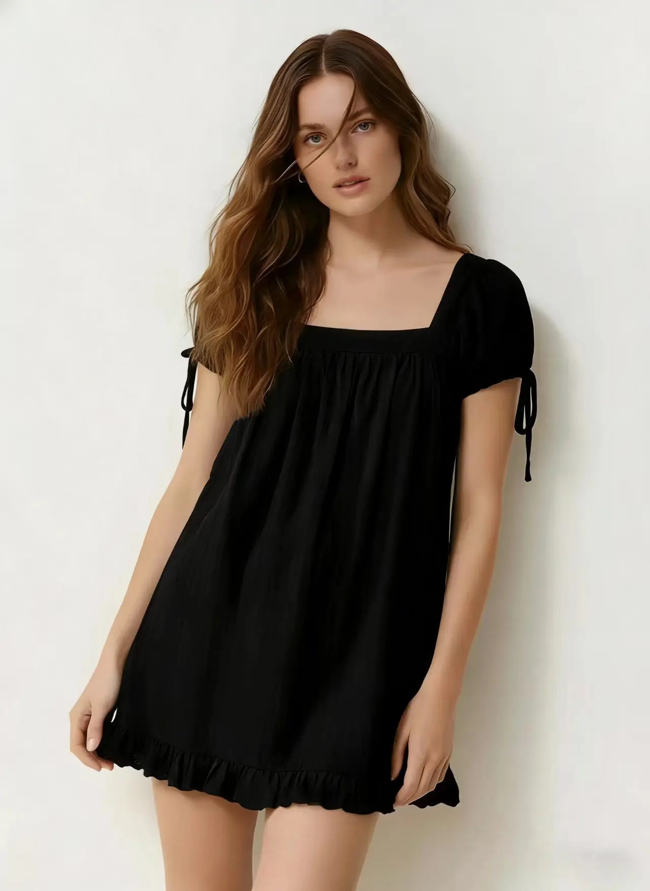 

Casual Summer Mini Dress Solid Color Simple Loose Square Neck Puff Sleeve Lace Short Sleeve Ruffle Hem Beach Resort Style Dress