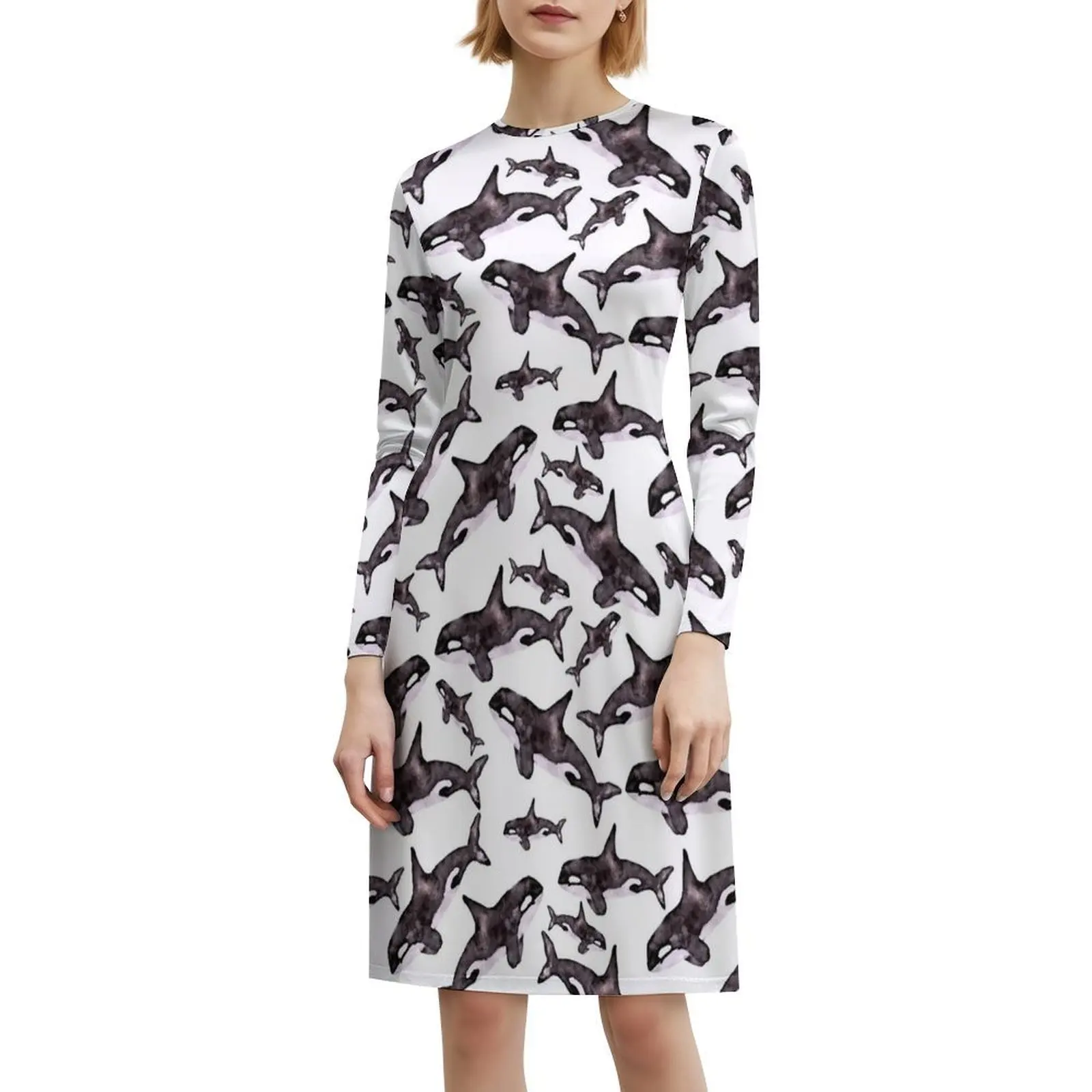 جراب الحوت أوركا بالألوان المائية | فستان بوهيمي بدون أكمام بنمط متعدد الطباعات لحفلات عطلة الشاطئ بألوان مائية قاتل الحوت #6