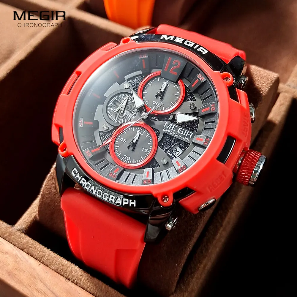 

MEGIR Red Watches Men Military Sport Chronograph Quartz 3atm Waterproof Wristwatch with Auto Date Silicone Strap Luminous Hands