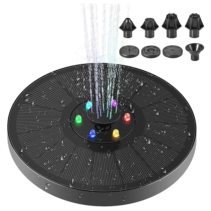 

Solar Fountain Pump For Bird Bath,3W Floating Fountain With 6 LED Lights,7 Nozzles,For Garden, Pond, Pool, Backyard