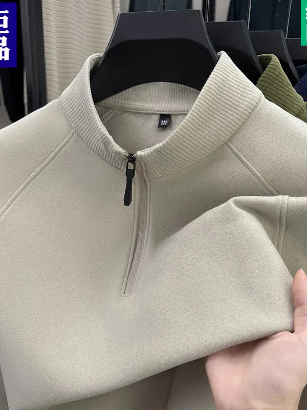 Men's Long Sve T-irt Double-sided Velvet Warm Stand Collar Full Zipper Busin Casual Thiened Sweatirt Spring Autum...