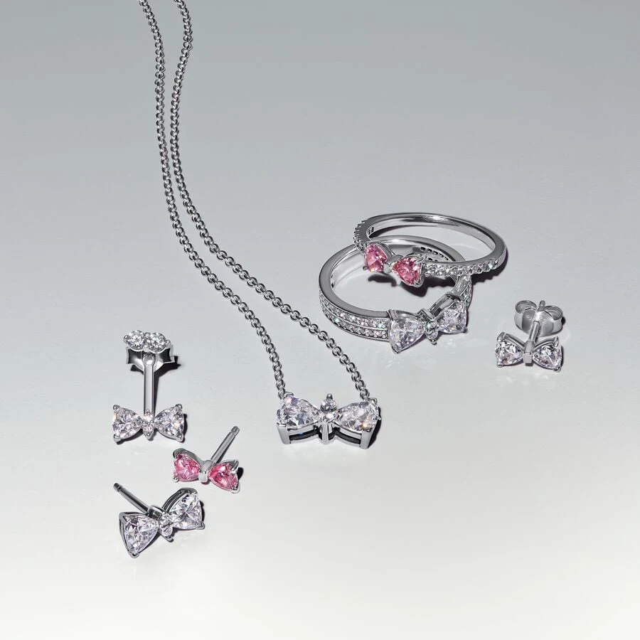 جديد 925 فضة خاتم ملون الزركون ربطة القوس فيونكة القلب مجموعة مشرقة حلقة أقراط قلادة الأصلي DIY بها بنفسك النساء المجوهرات هدية