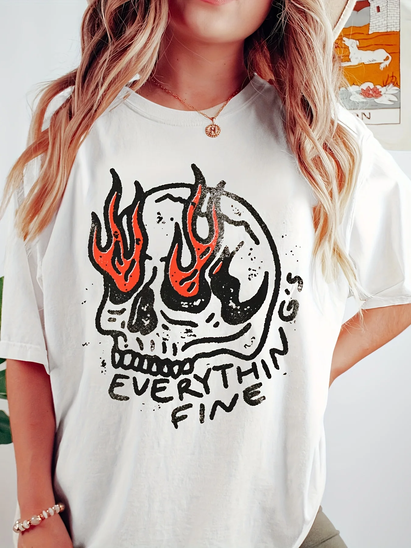 

Футболка с круглым вырезом и принтом букв и черепа, повседневные свободные футболки с короткими рукавами на лето, женская дышащая хлопковая одежда больших размеров