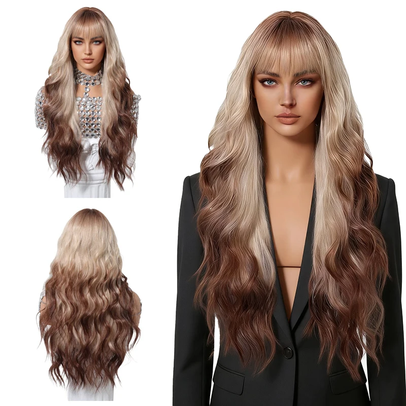 

Daily Cosplay Party Universal Wig Ombre Blonde Brown Big Wave Wig With Bangs High Temperature Fiber Synthetic Hair For Women