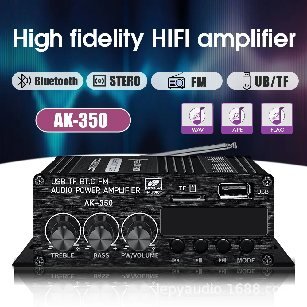 

AK-350 Bluetooth HiFi Power Amplifier Class-AB 2.0Channel Home and Car Digital Stereo Audio Amplifiers with DC 12V3A