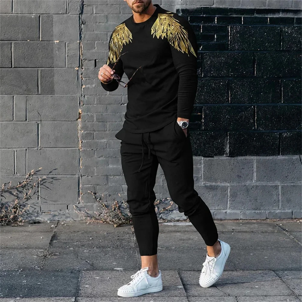 Golden Wings 3D Printed Long Sleeved Suit Men's Fashion Retro Jogging Sweatshirt Set Spring Fall Crew Neck Sweatshirt And Pants