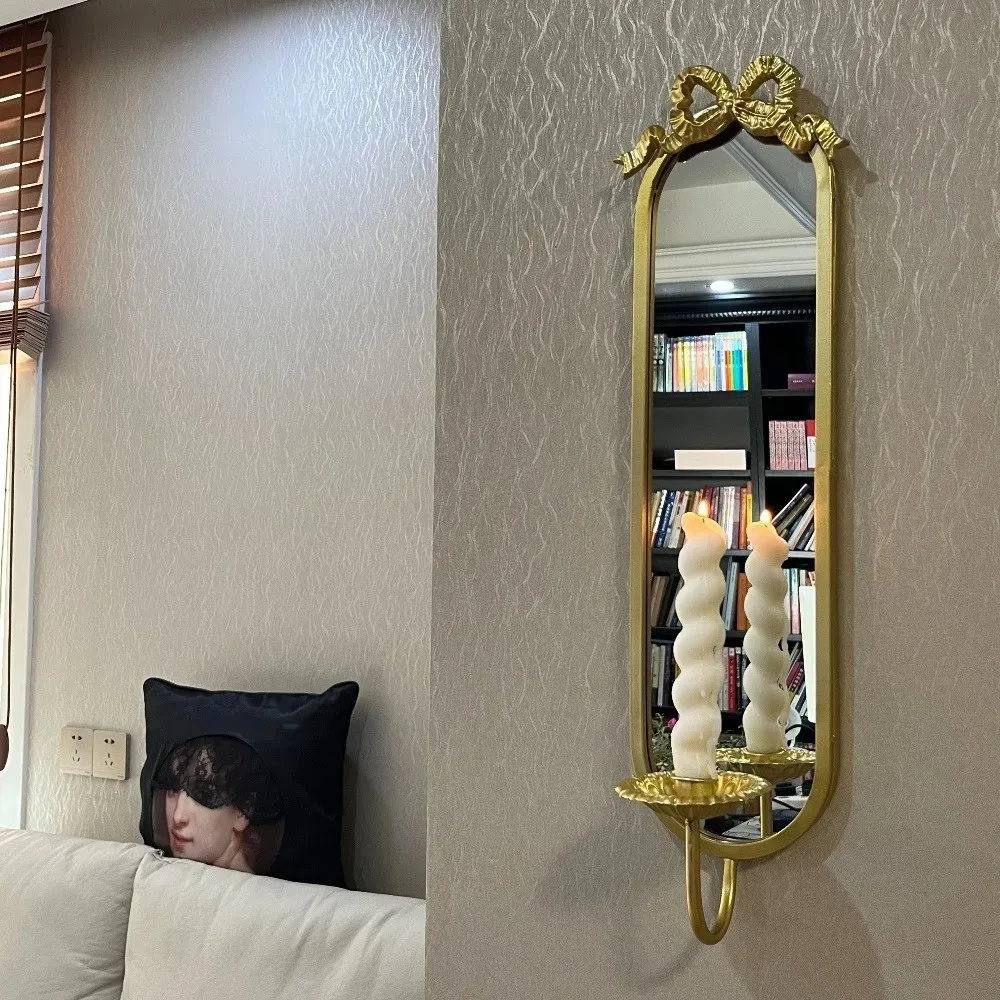 Retro Wall-mounted Bow Mirror Candlestick Wrought Iron Wall Decoration Candlestick Shooting Props Home Fragrance Decoration