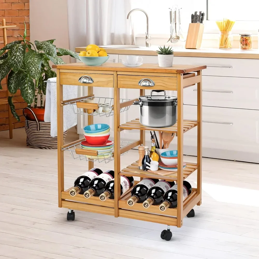 

Kitchen Island Cart with Storage, Rolling Side Table on Wheels with 2 Drawers, 3 Shelves, Lockable Casters for Dining Room, Bar