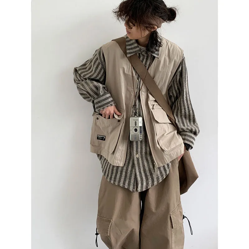 Harajuku Preppy Set Men Striped Fake Two Pieces Vest Shirt Coats+Vintage Drawstring Baggy Cargo Pants Autumn Street Couple Suits