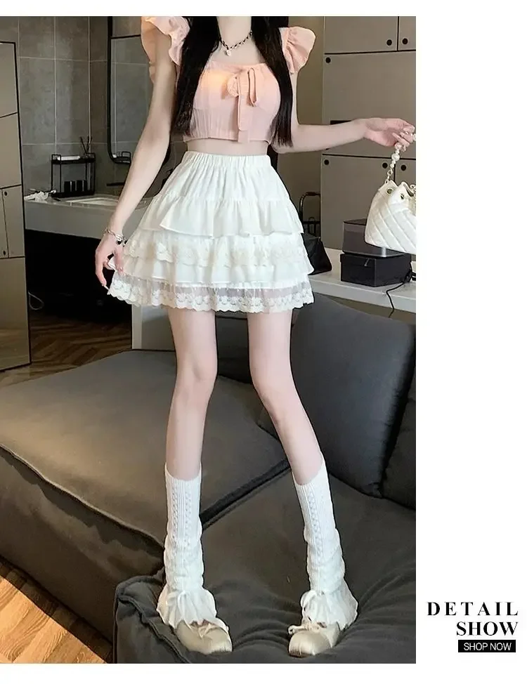 JOEVILU White Tutu Skirt A-line Elastic High Waist Mini Skirts Short Lace Cake Skirt Thin Summer Korean Fashion Goth Y2k Clothes