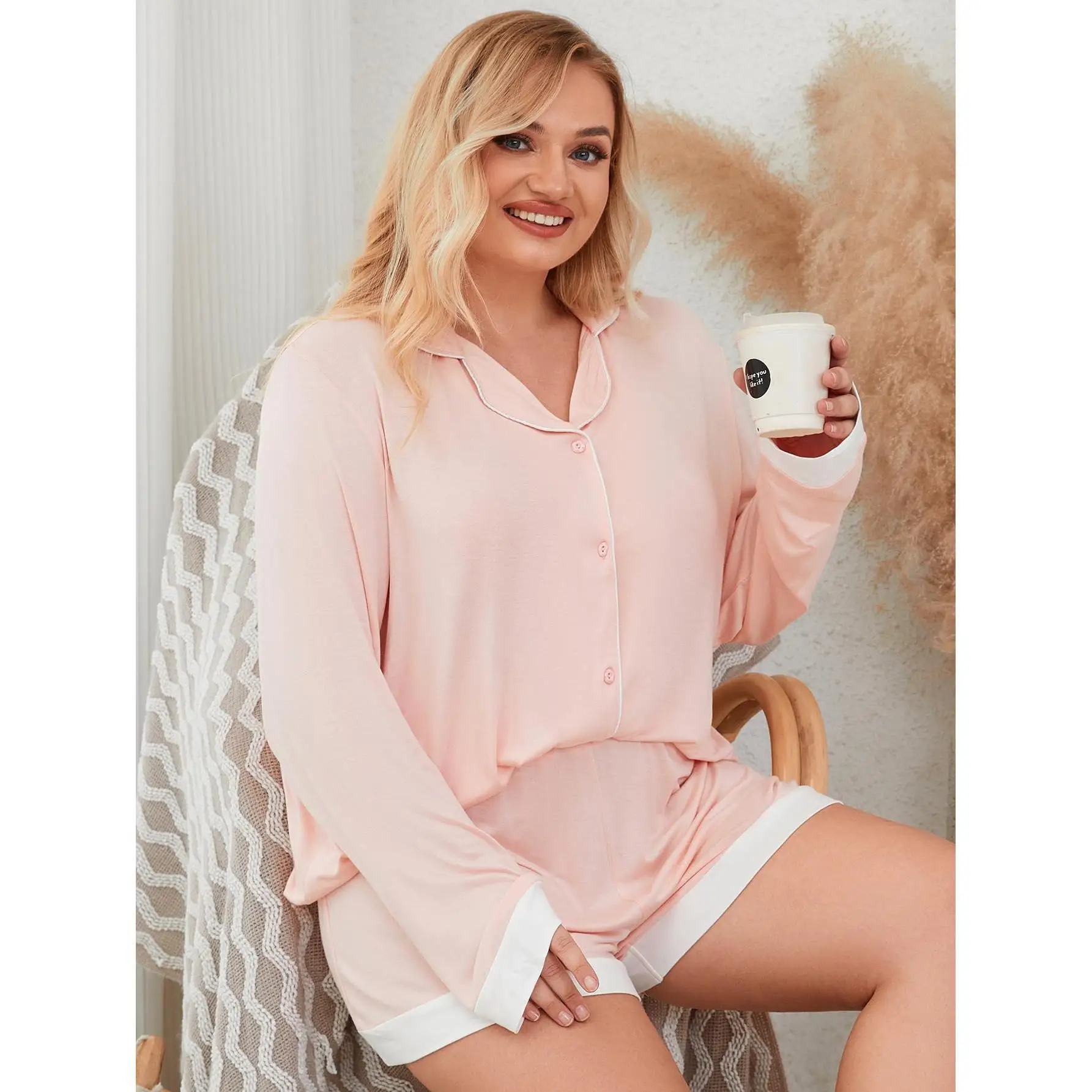

Large Size Sleepwear For Women In Spring And Summer, Modal 200 Pounds, Fat Mm, Long Sleeved Short Home Suit Set