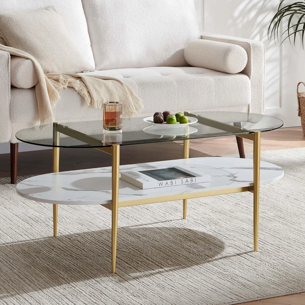 Mid-Century Oval Coffee Table with Clear Glass and White Marble Finish for Living Spaces