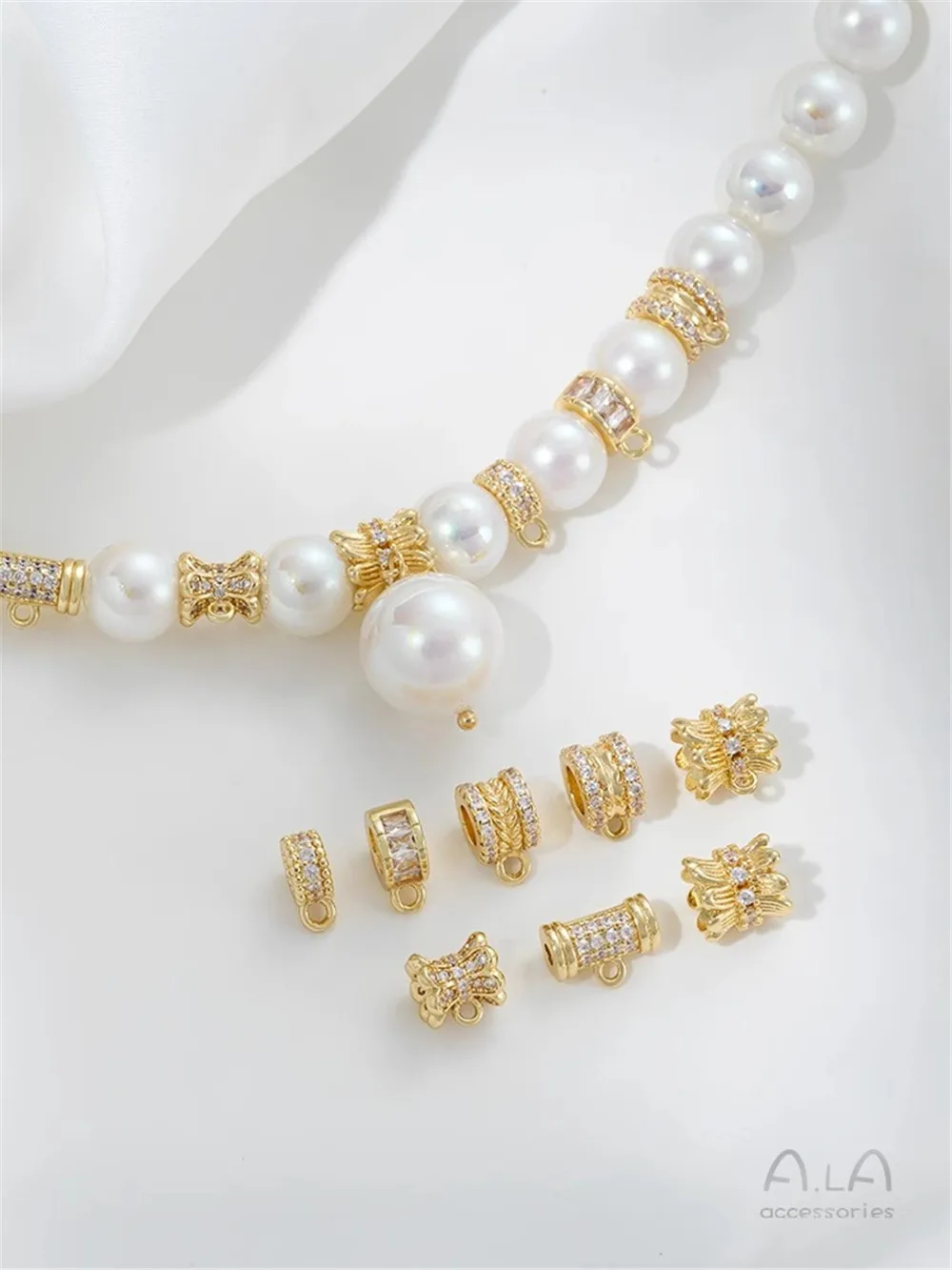 14K Gold-Plated Zircon Wheel Barrel Beads with Rings, Double-sided Receptacle Beads, DIY Hand-string Pearl Accessories