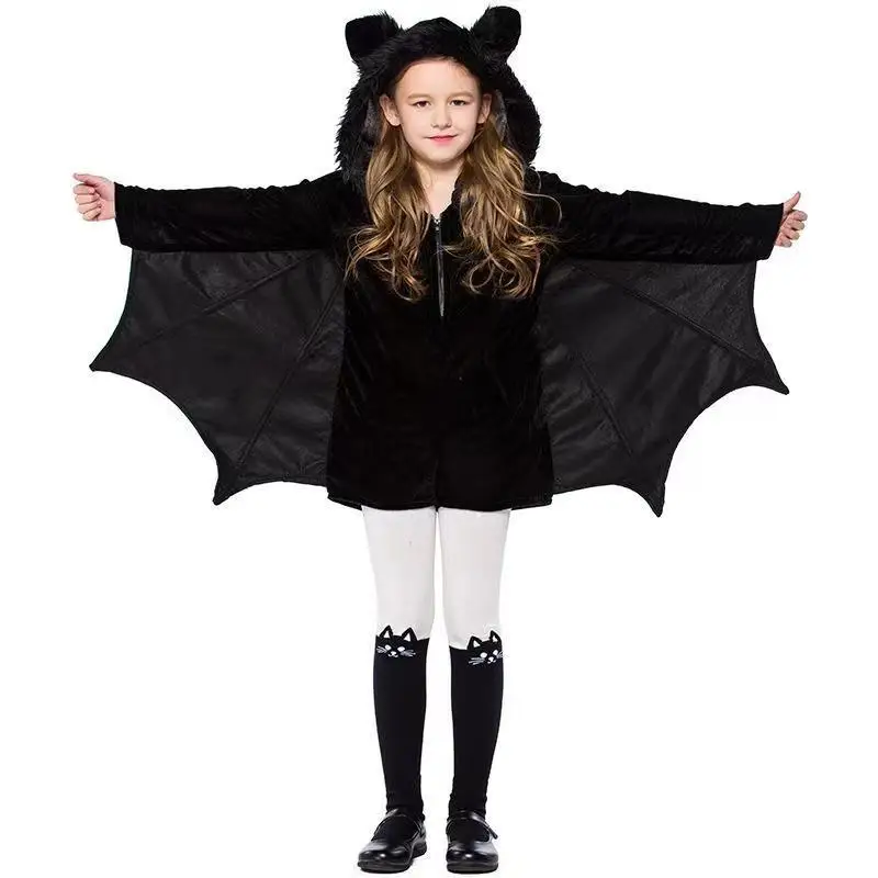 Girl Black Bat Cuff With Hat and Cape Costume, Sshort Black Vampire Suitable for Cosplay Halloween Party