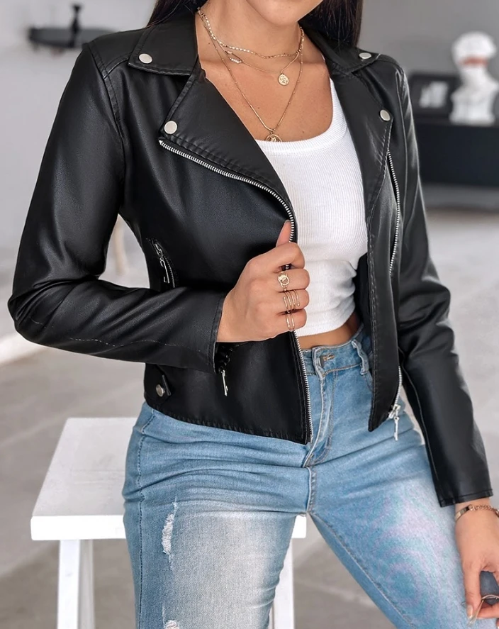 

Sexy Elegant New Fashion 2024 Autumn Winter Casual Pu Leather Notched Collar Zipper Design Biker Jacket Coat Top