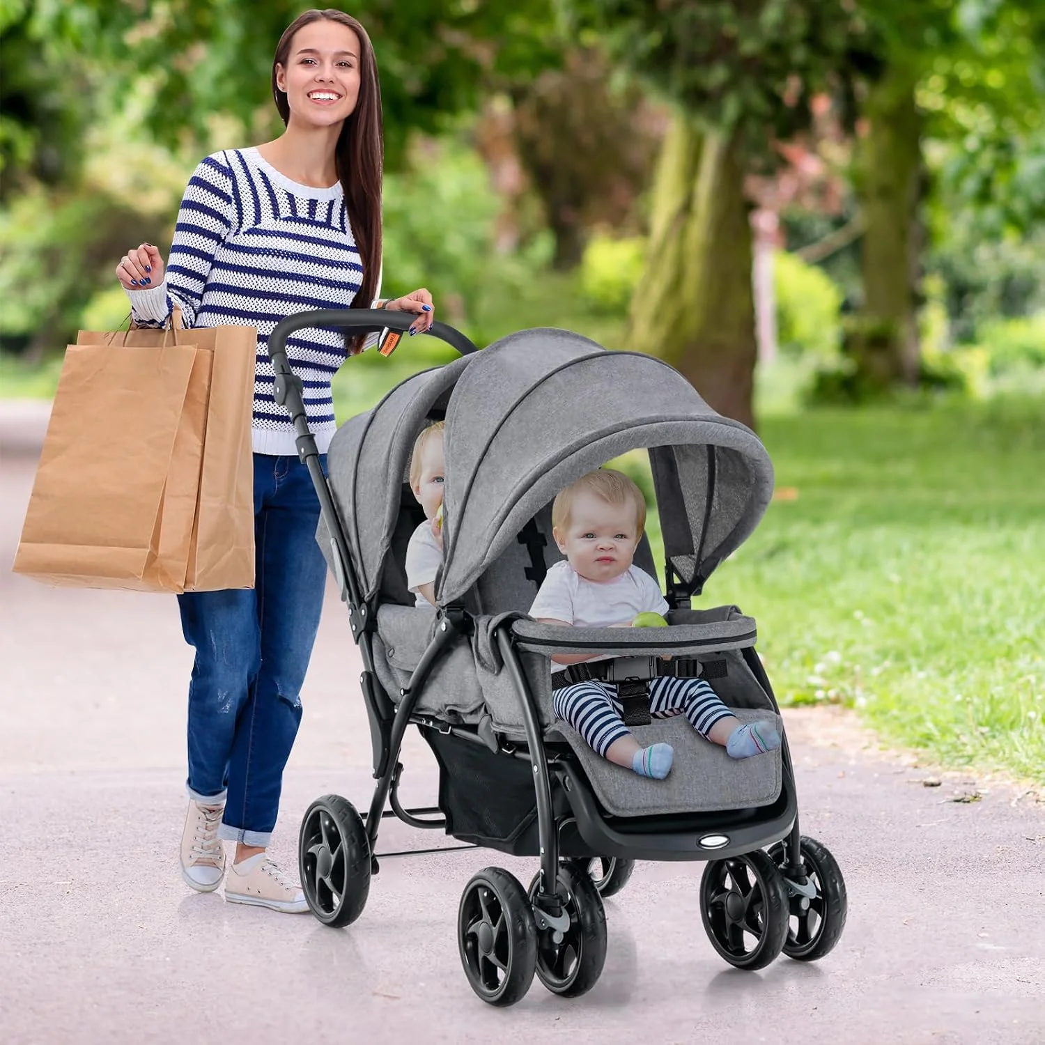 Klappbarer Doppelkinderwagen, Doppelkinderwagen mit verstellbarer Rückenlehne und Kapuze, Reisebuggy mit Liegefunktion – Detail 2