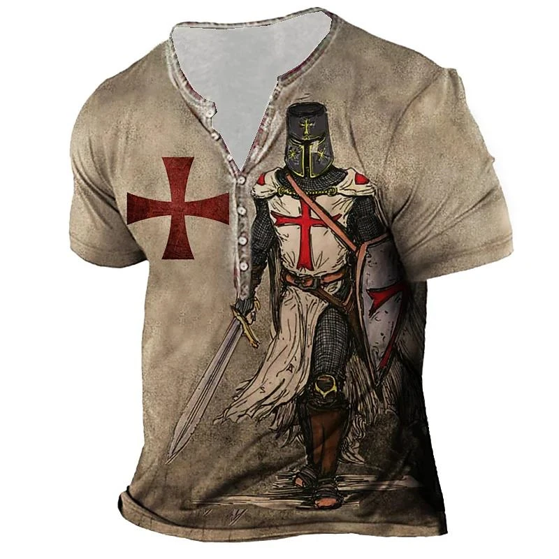 Vintage Cotton T-shirt For Men 3D Print Knight Henley Shirt V-neck Short Sleeve Oversized Tops Tee Shirt Men Clothing Streetwear